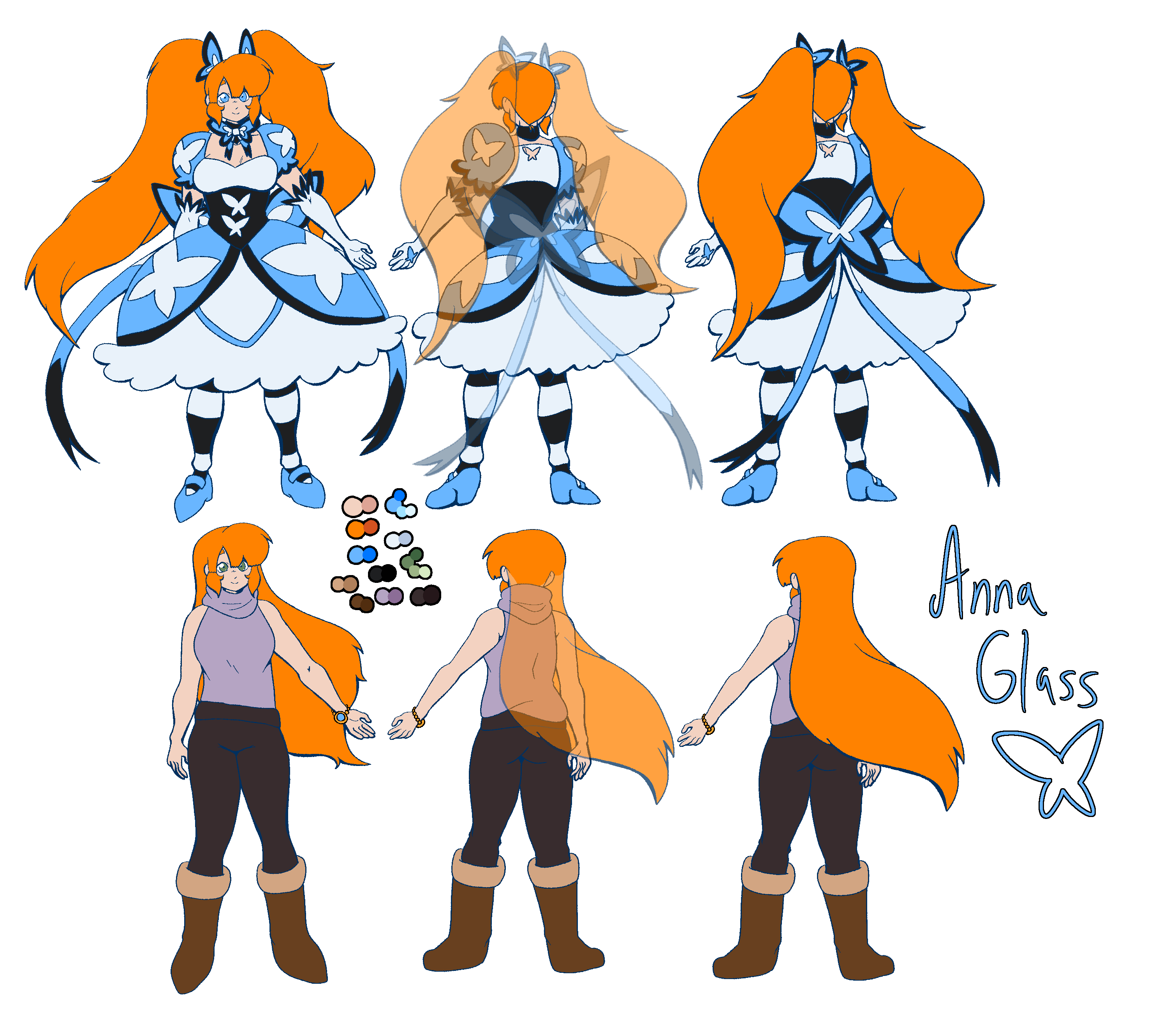 A reference sheet showing Anna in her transformed and untransformed states. Top: an everyday look with her long orange hair loose. She wears a blue sweater and black pants, and her eyes are a soft green. Bottom: Magical Girl form, with the blue-and-white dress, sword, and bows. Colour swatches are included.